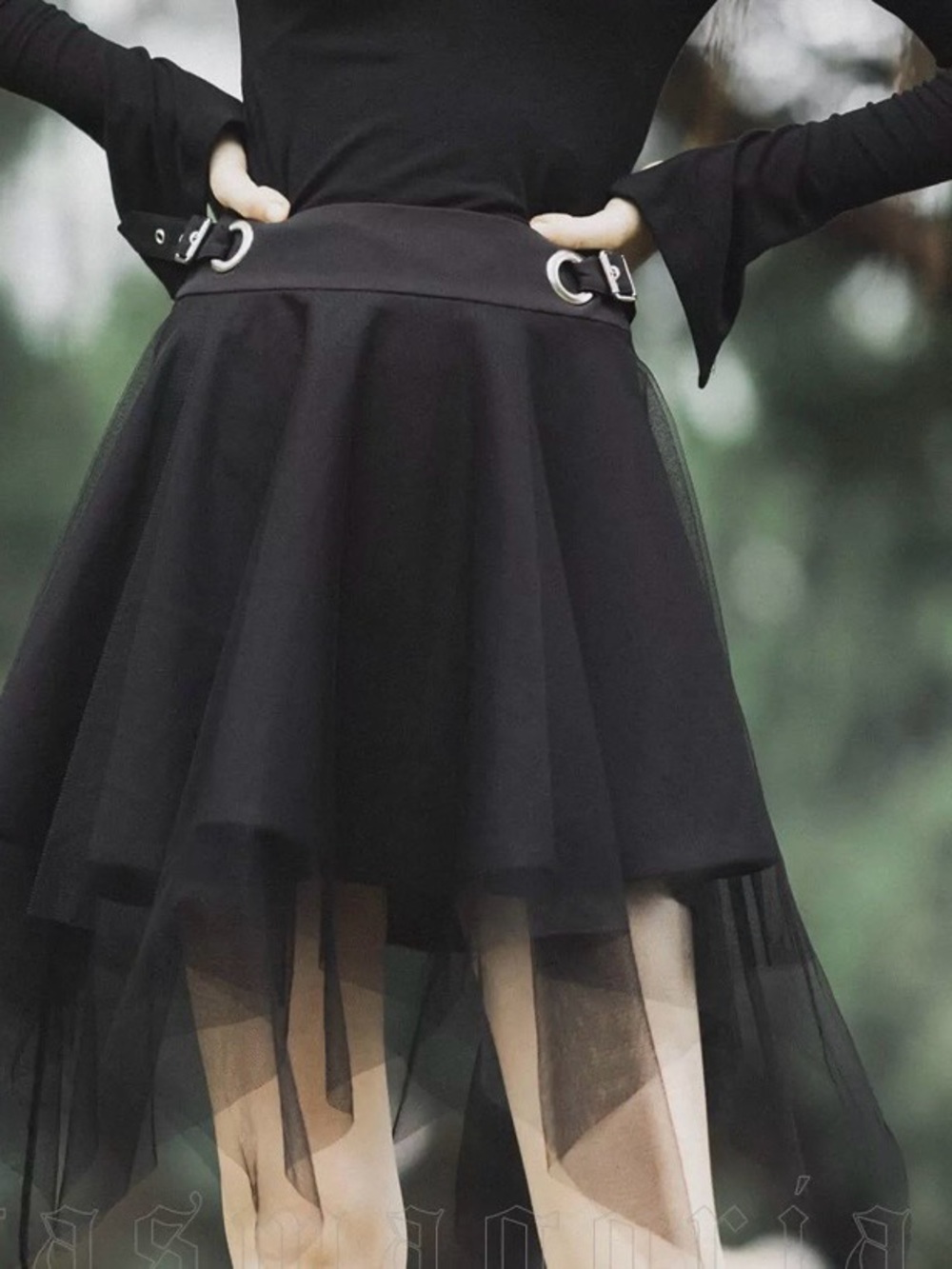 Punk rave Gothic high-low tulle Skirt with Buckle Waist - Black